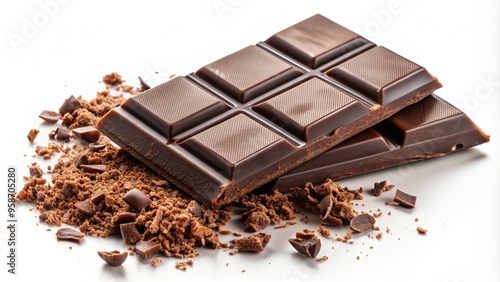 decadent, sweet, temptation, splashing, delicious, gourmet, texture, treat, snack, food, isolated, airborne, Crushed bar of dark chocolate in the air isolated on a white background