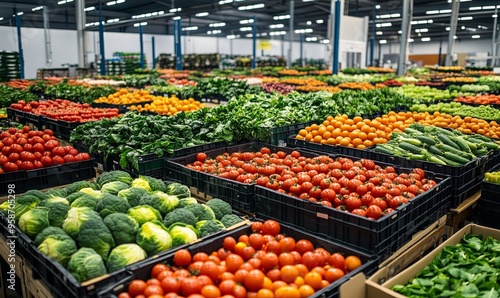 A vast warehouse space filled with crates of fresh produce, including tomatoes, broccoli, and leafy greens.