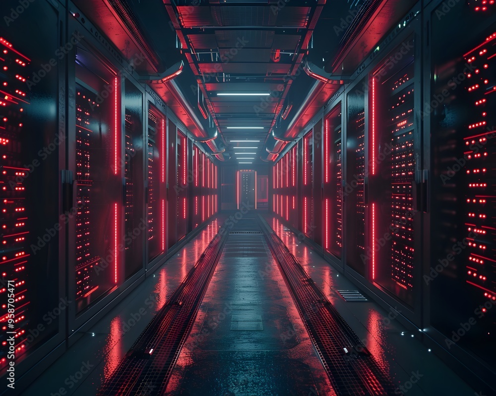 Futuristic Data Center with Rows of Quantum Computers Representing Massive Computational Power and Quantum Computing Concept Futuristic Data Center with Rows of Quantum Computers Representing Massive Computational Power and Quantum Computing Concept