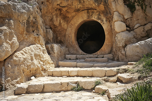 A stone cave featuring a round entrance and a large, round stone door, reminiscent of ancient burial sites or biblical tombs photo