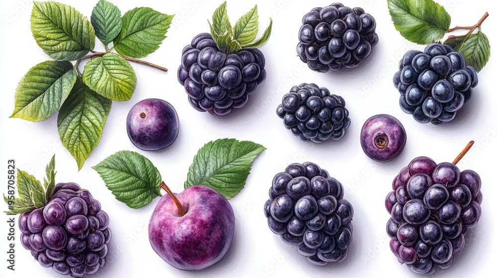 Realistic Illustration of Blackberries and Plums Generative AI