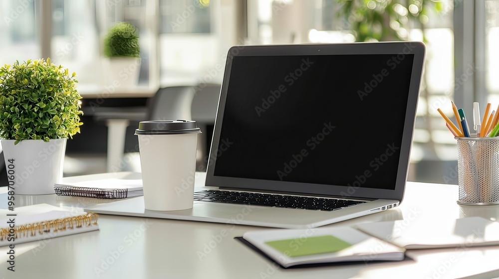Minimalist Modern Office Desk Setup with Laptop and Coffee Cup Minimalist Modern Office Desk Setup with Laptop and Coffee Cup