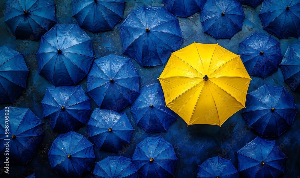 A Single Yellow Umbrella Amongst a Sea of Blue Umbrellas A Single Yellow Umbrella Amongst a Sea of Blue Umbrellas
