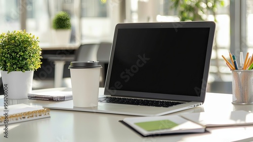 Minimalist Modern Office Desk Setup with Laptop and Coffee Cup