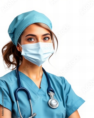 a close up of a woman wearing a surgical mask and a stethoscope.