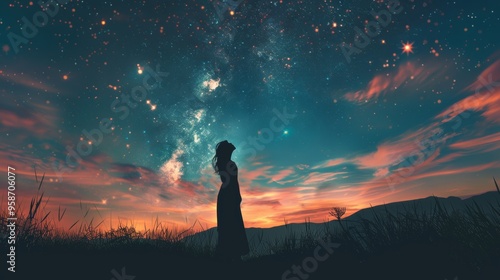 Photo of a woman worshiping god in the night sky. Vector illustration. photo