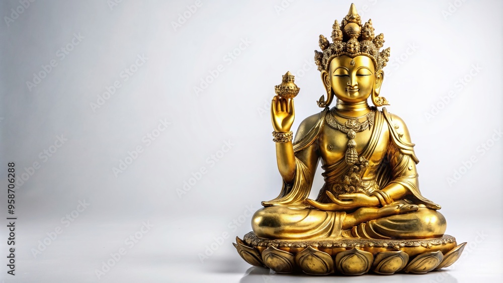 Gilded metal statue of Avalokiteshvara a Buddhist deity displayed on a white background at eye level, statue, gold, divine figure, Buddhism, meditation, religious, compassion Gilded metal statue of Avalokiteshvara a Buddhist deity displayed on a white background at eye level, statue, gold, divine figure, Buddhism, meditation, religious, compassion
