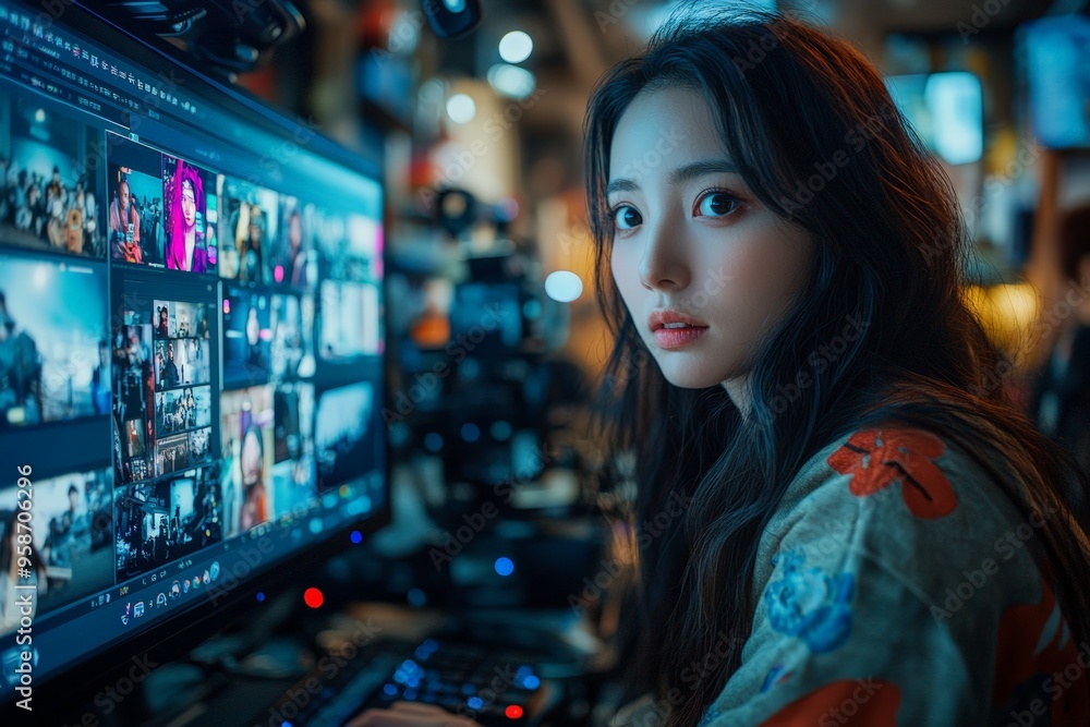 A Japanese woman using AI-driven software to edit video footage on a large monitor, her hands swiftly moving over the keyboard. A Japanese woman using AI-driven software to edit video footage on a large monitor, her hands swiftly moving over the keyboard.