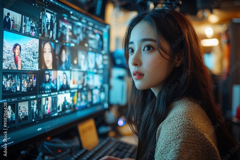 A Japanese woman using AI-driven software to edit video footage on a large monitor, her hands swiftly moving over the keyboard. A Japanese woman using AI-driven software to edit video footage on a large monitor, her hands swiftly moving over the keyboard.