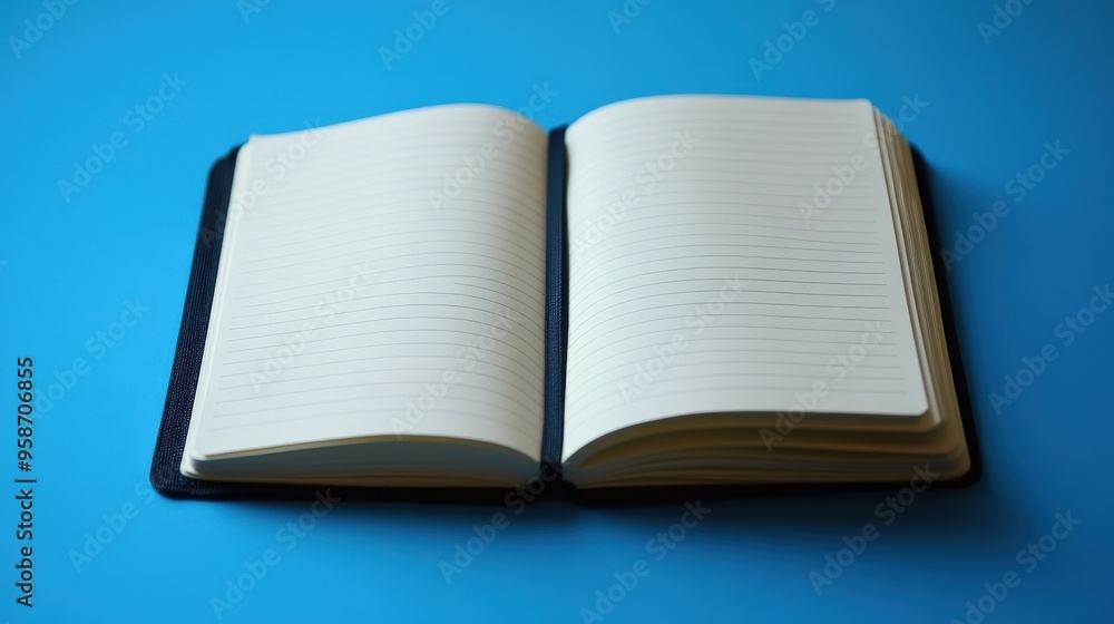 The open notebook lies flat against a vibrant blue backdrop, showcasing blank lined pages ready for thoughts, sketches, or important notes, perfect for creative endeavors The open notebook lies flat against a vibrant blue backdrop, showcasing blank lined pages ready for thoughts, sketches, or important notes, perfect for creative endeavors
