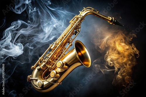 jazz, brass, Golden shiny alto saxophone with a fisheye perspective sits on a captivating black background emitting a mesmerizing allure as tendrils of smoke gracefully swirl around it photo