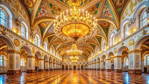 A stunning worm s eye view of the magnificent Georgievsky Hall inside the Kremlin Palace in Moscow showcasing its intricately detailed arches ornate chandeliers and regal golden accents