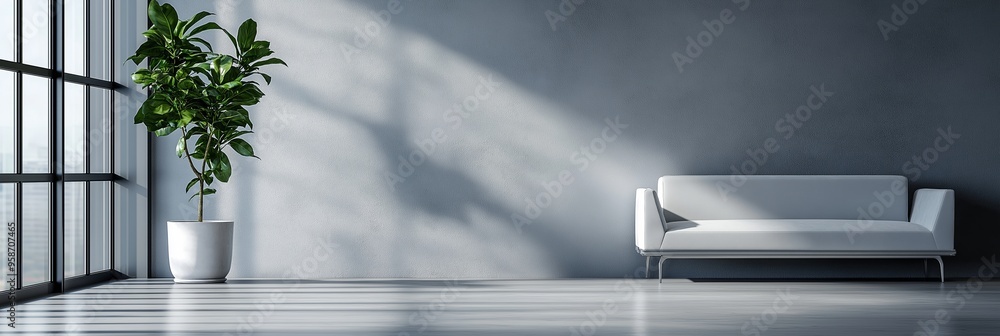 Obraz premium A modern interior featuring a concrete wall, large window, green plant, and a white sofa bathed in natural light.