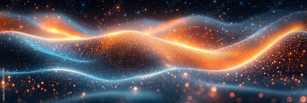 Abstract background with shimmering orange and blue lights creating a wavy, dynamic pattern. Abstract background with shimmering orange and blue lights creating a wavy, dynamic pattern.