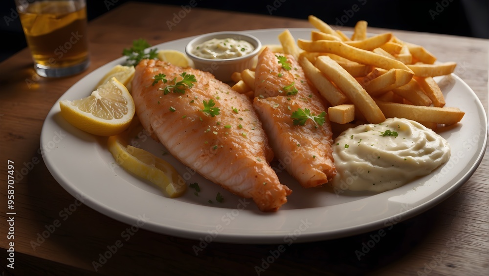 a plate of fish and fries with a side of mashed potatoes a plate of fish and fries with a side of mashed potatoes