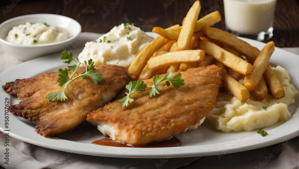 a plate of fish and fries with a side of mashed potatoes a plate of fish and fries with a side of mashed potatoes