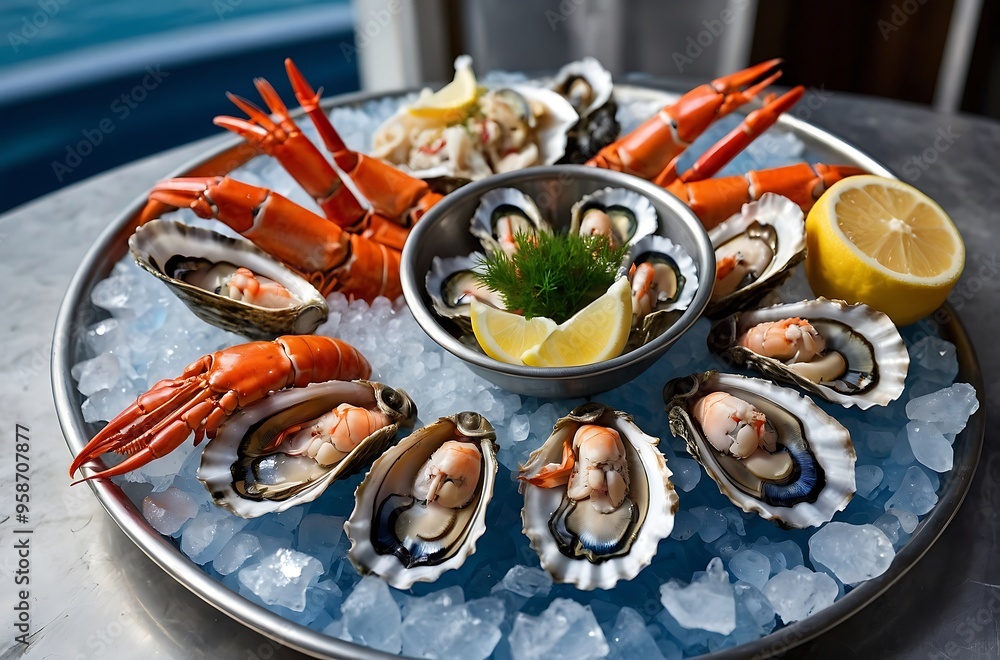 Sophisticated Seafood Display with Freshly Shucked Oysters and Crab Legs Sophisticated Seafood Display with Freshly Shucked Oysters and Crab Legs