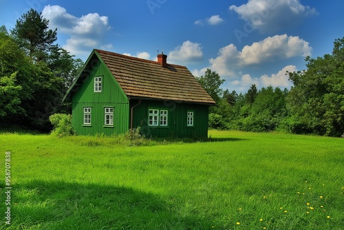 A solitary green wooden house situated in the center of a vast green grassy field under a blue sky with clouds.