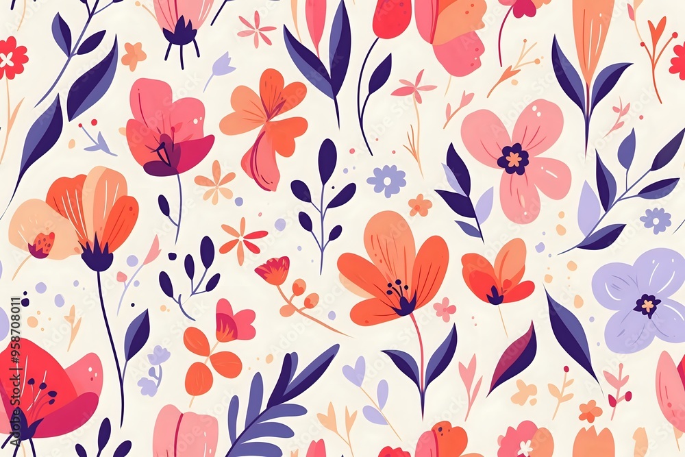vibrant floral pattern featuring hand-drawn flowers in warm shades of red, pink, orange, and purple, with delicate leaves on a light background. Perfect for textile design, wallpaper, or spring vibrant floral pattern featuring hand-drawn flowers in warm shades of red, pink, orange, and purple, with delicate leaves on a light background. Perfect for textile design, wallpaper, or spring