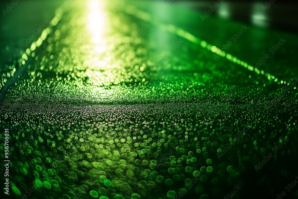 A vividly reflective and sparkly green road surface illuminated during twilight, perfect for modern and urban photography. A vividly reflective and sparkly green road surface illuminated during twilight, perfect for modern and urban photography.