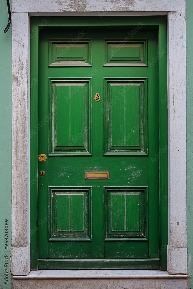 An aged green door featuring a brass mail slot and weathered paint, evoking a sense of history and nostalgia. An aged green door featuring a brass mail slot and weathered paint, evoking a sense of history and nostalgia.