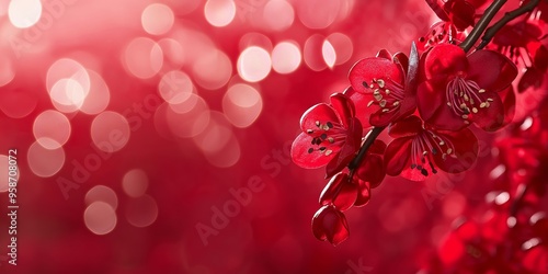 Red blossoms captured in sharp detail against a de-focused background bokeh, epitomizing beauty and elegance. photo