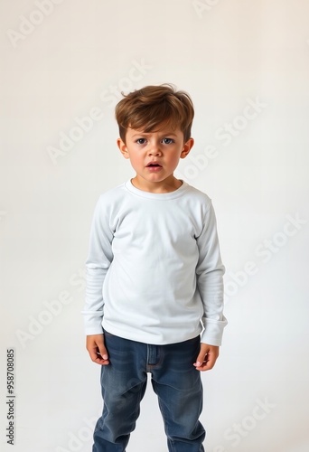  toddler standing in front of a white background wearing a white shirt.