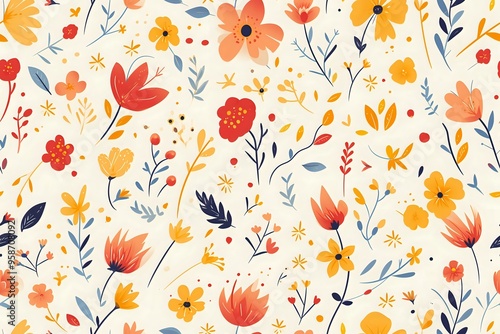 Wallpaper Mural A cheerful floral pattern featuring hand-drawn flowers in shades of red, orange, yellow, and blue on a light background. Ideal for textile design, wallpaper, or spring and summer-themed projects. Torontodigital.ca