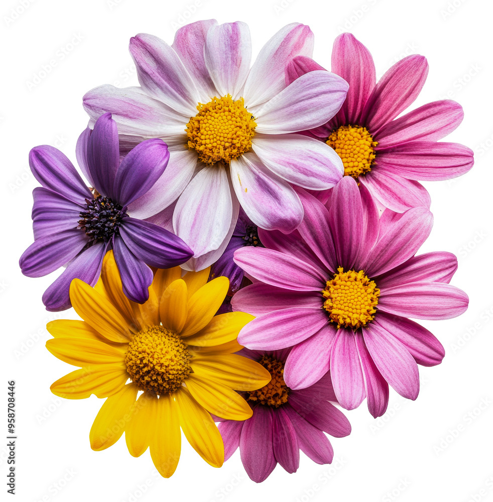 Vibrant bouquet of assorted daisies, cut out - stock png. Vibrant bouquet of assorted daisies, cut out - stock png.