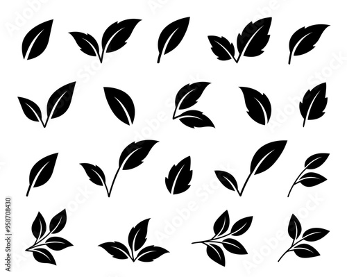 set abstract isolated green leaves icons, environmental signs and emblem, tree branches, twigs tea and natural sprigs