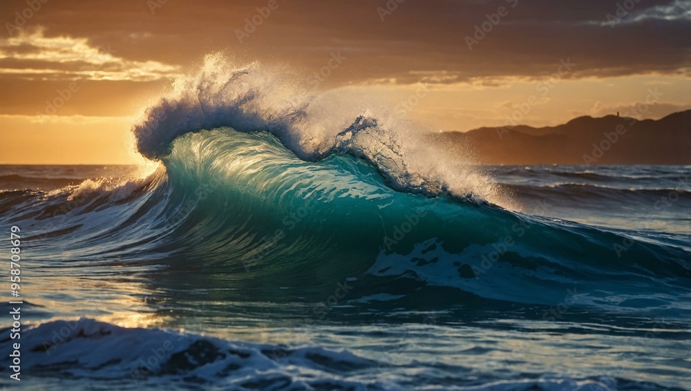 Sunset ocean wave crashing on the shore, captured in a realistic photo. Sunset ocean wave crashing on the shore, captured in a realistic photo.