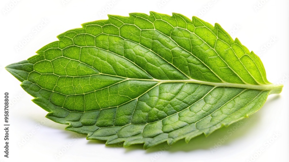 Obraz premium Extreme close up of an isolated Ocimum tenuiflorum Holy Basil leaf against a white background, herb, leaf, organic, close-up, plant, aromatic, health, Ayurvedic herb, tulsi, Holy Basil