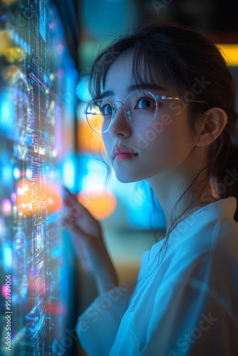 A Japanese researcher in a futuristic lab, configuring AI algorithms on a holographic interface, her hands moving swiftly. photo