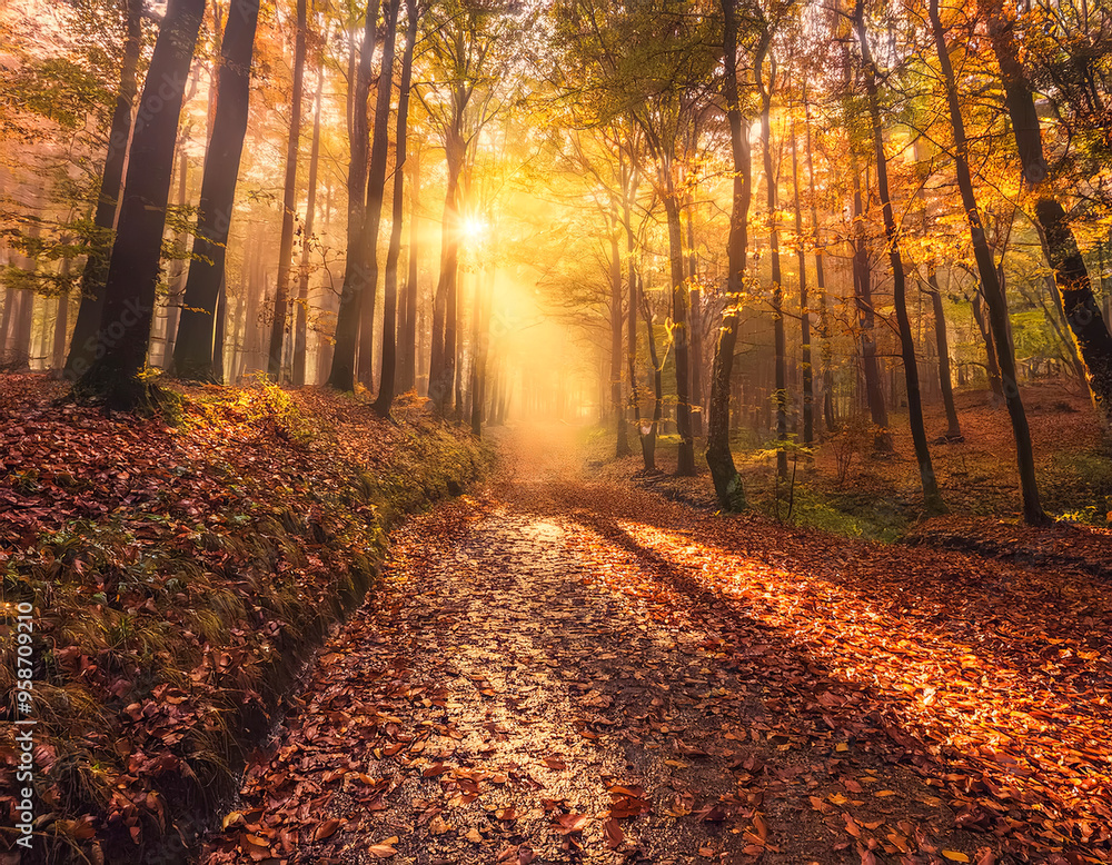 Obraz premium Mit Herbstlaub bedeckter Waldweg im Abendlicht, warmes goldenes licht scheint durch die Bäume, Generative AI