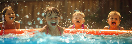 Sunny Splash: Children play in a refreshing pool, their laughter filling the air as they dive into the cool water. photo