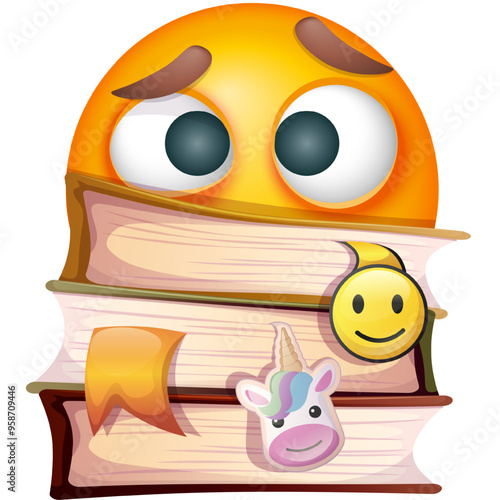PrintEmoji student on white background. Emoticon with stack of books and bookmarks. Cute emoticon. Back to school.