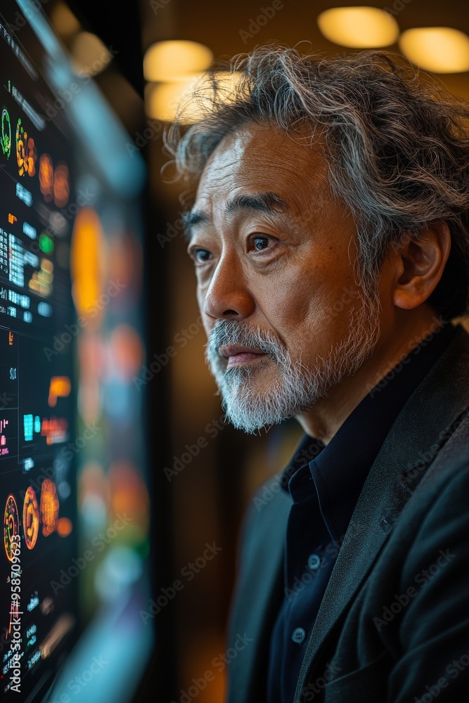 A Japanese businessman analyzing AI-generated financial reports on a smart display in a conference room. A Japanese businessman analyzing AI-generated financial reports on a smart display in a conference room.