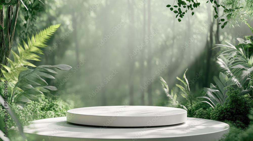 A stylish white podium placed against a 3D abstract minimal background, with a vibrant green forest creating a serene atmosphere. A stylish white podium placed against a 3D abstract minimal background, with a vibrant green forest creating a serene atmosphere.
