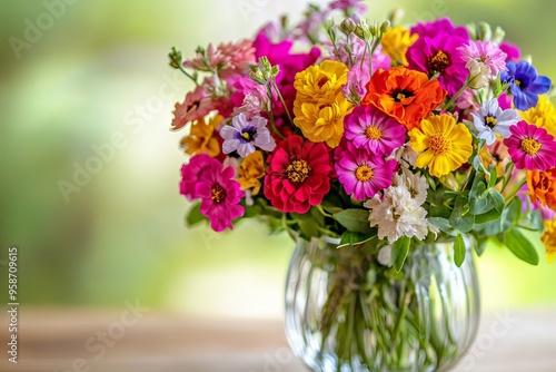 Wallpaper Mural Vibrant and Colorful Floral Bouquet Arrangement in a Glass Vase on a Wooden Table Torontodigital.ca