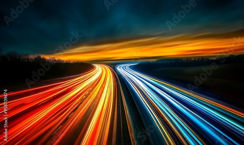 Light Trails on a Curved Highway at Sunset