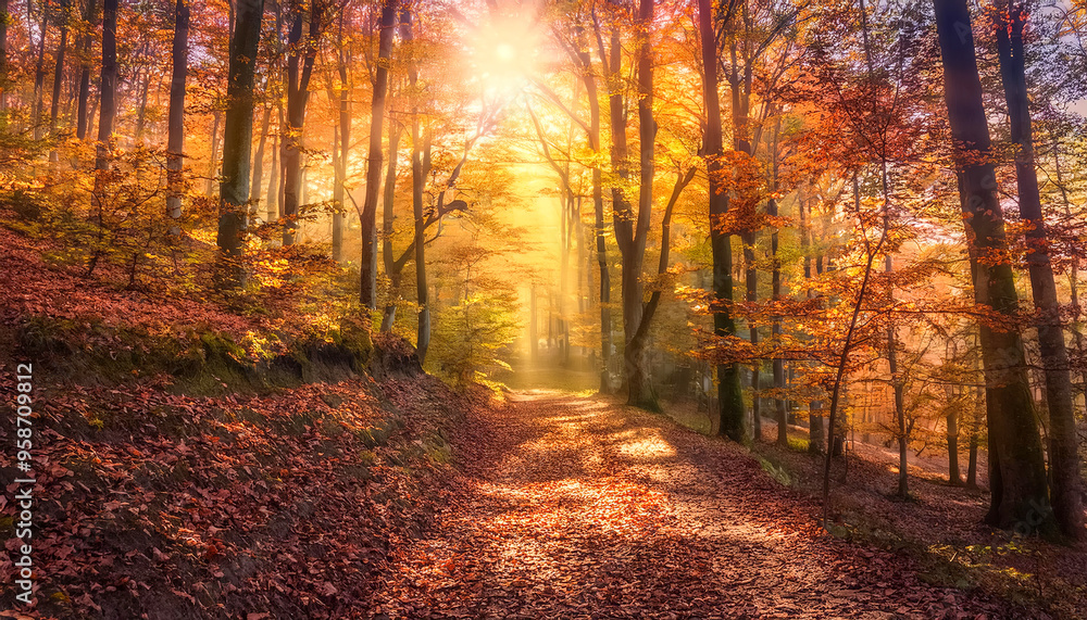 Mit Herbstlaub bedeckter Waldweg im Abendlicht, warmes goldenes licht scheint durch die Bäume, Generative AI Mit Herbstlaub bedeckter Waldweg im Abendlicht, warmes goldenes licht scheint durch die Bäume, Generative AI