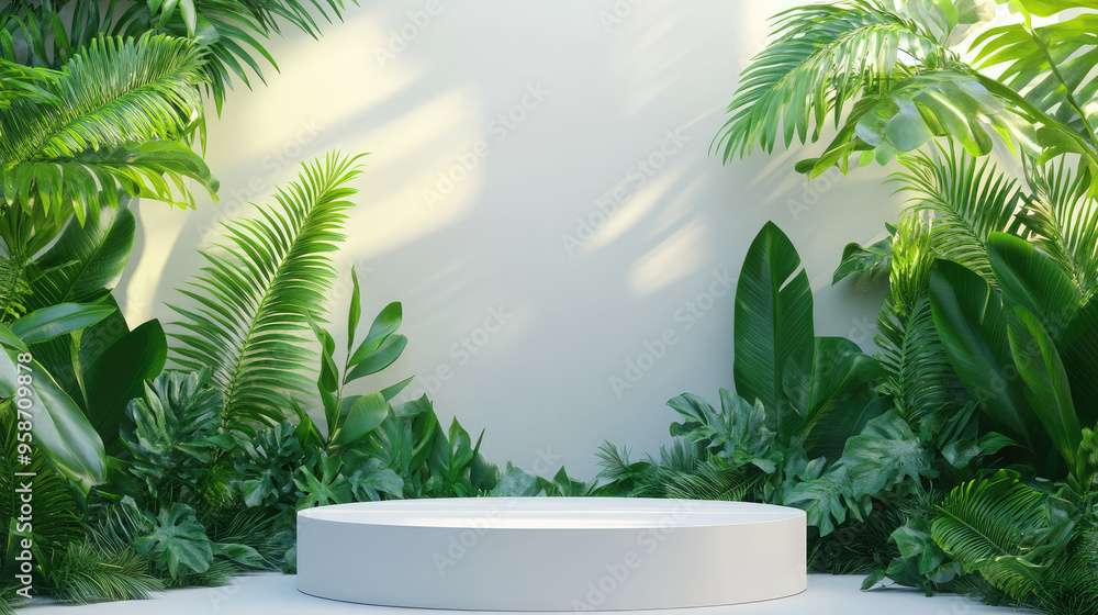 A chic white podium set in a sleek 3D abstract minimal environment, with a lush green forest creating a tranquil backdrop. A chic white podium set in a sleek 3D abstract minimal environment, with a lush green forest creating a tranquil backdrop.