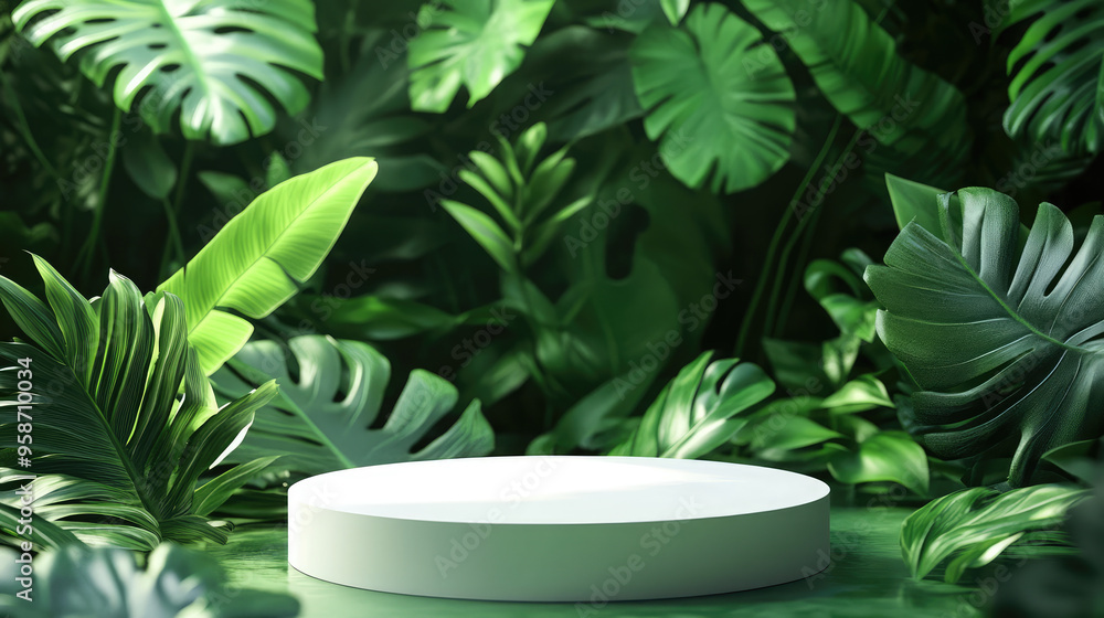 : A sleek white podium set in a 3D abstract minimal environment, featuring a lush green forest. : A sleek white podium set in a 3D abstract minimal environment, featuring a lush green forest.