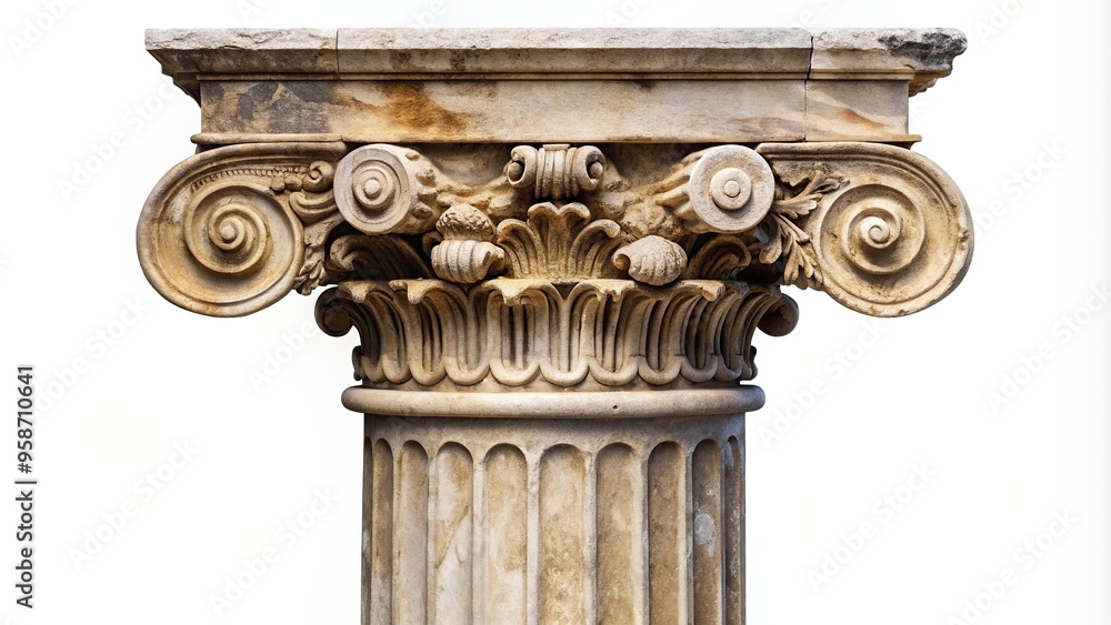 A large damaged antique architectural stone column stands isolated on a white background capturing the intricate details of its design and craftsmanship, artifact, decay, sculpture A large damaged antique architectural stone column stands isolated on a white background capturing the intricate details of its design and craftsmanship, artifact, decay, sculpture