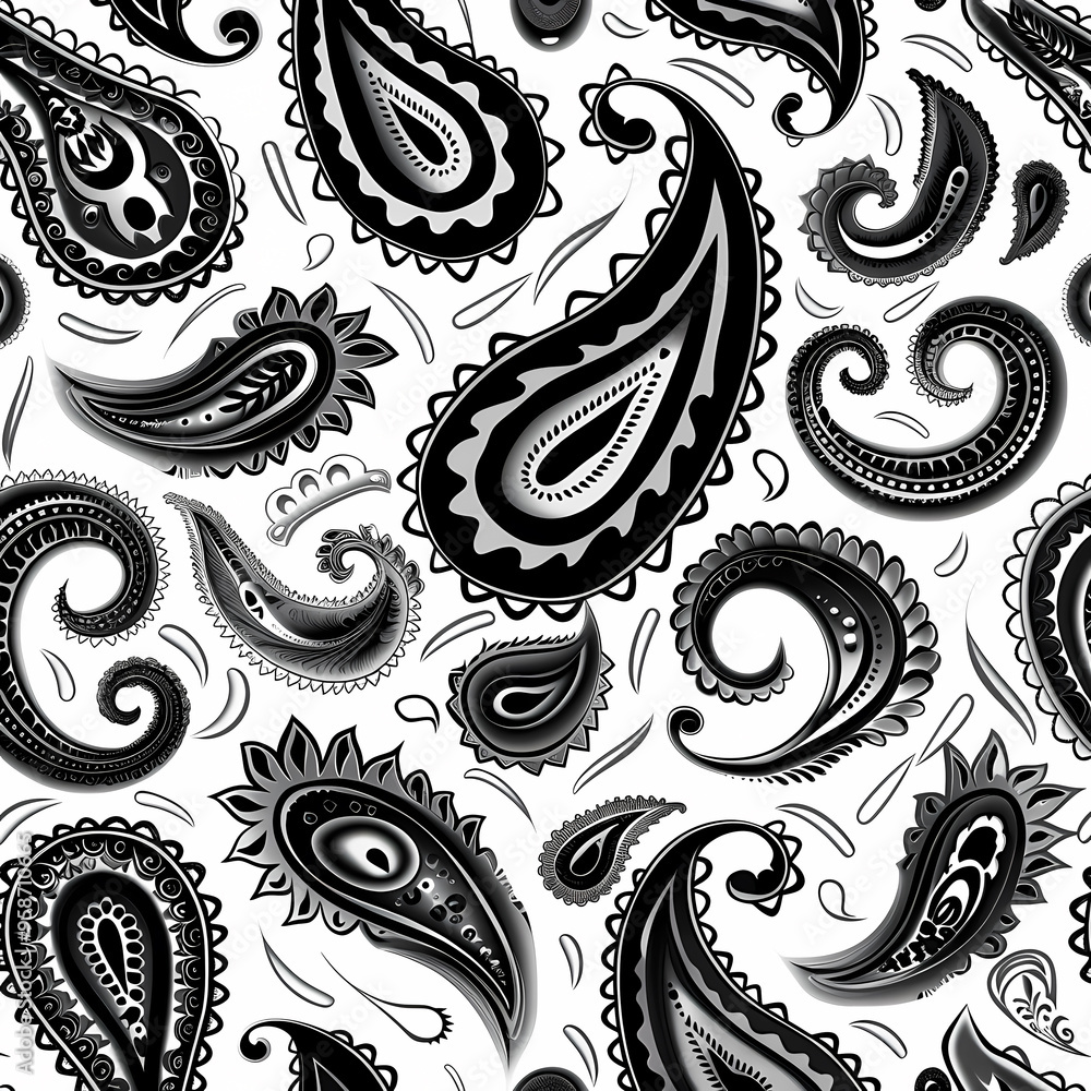A vibrant pattern of paisley designs in black and white, showcasing intricate details and swirling shapes that create a dynamic visual effect. A vibrant pattern of paisley designs in black and white, showcasing intricate details and swirling shapes that create a dynamic visual effect.