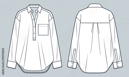 Half Button Shirt technical fashion Illustration. Oversize Collar Shirt fashion flat technical drawing template, pocket, front and back view, white, women, men, unisex CAD mockup.