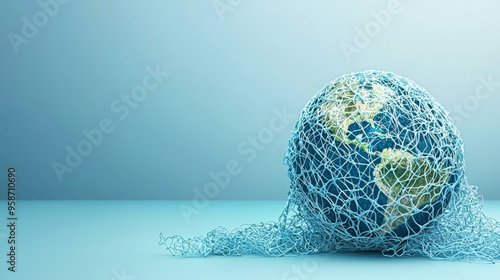 Earth globe entangled in plastic netting on blue background photo