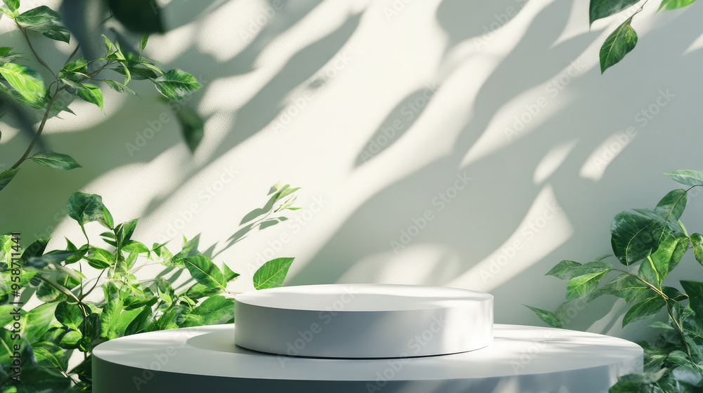 A sleek white podium placed on a 3D abstract minimal background, surrounded by a lush green forest. A sleek white podium placed on a 3D abstract minimal background, surrounded by a lush green forest.