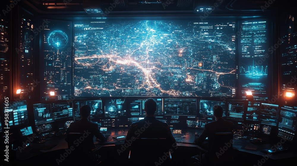 Obraz premium Futuristic Control Room with Digital Map Display – Generative AI