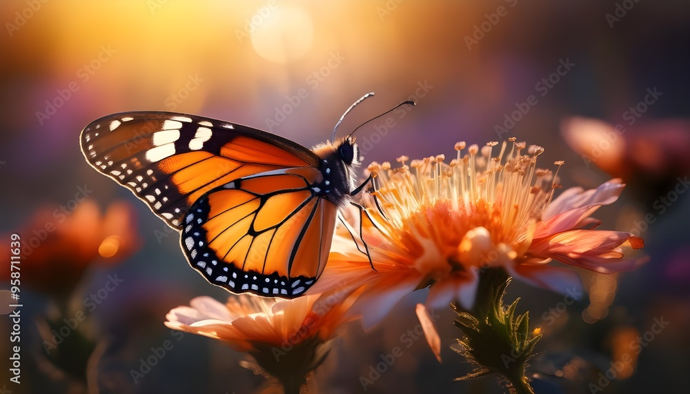 Butterfly with orange and black wings on a blooming flower, creating a serene natural scene for wallpapers and educational content Butterfly with orange and black wings on a blooming flower, creating a serene natural scene for wallpapers and educational content